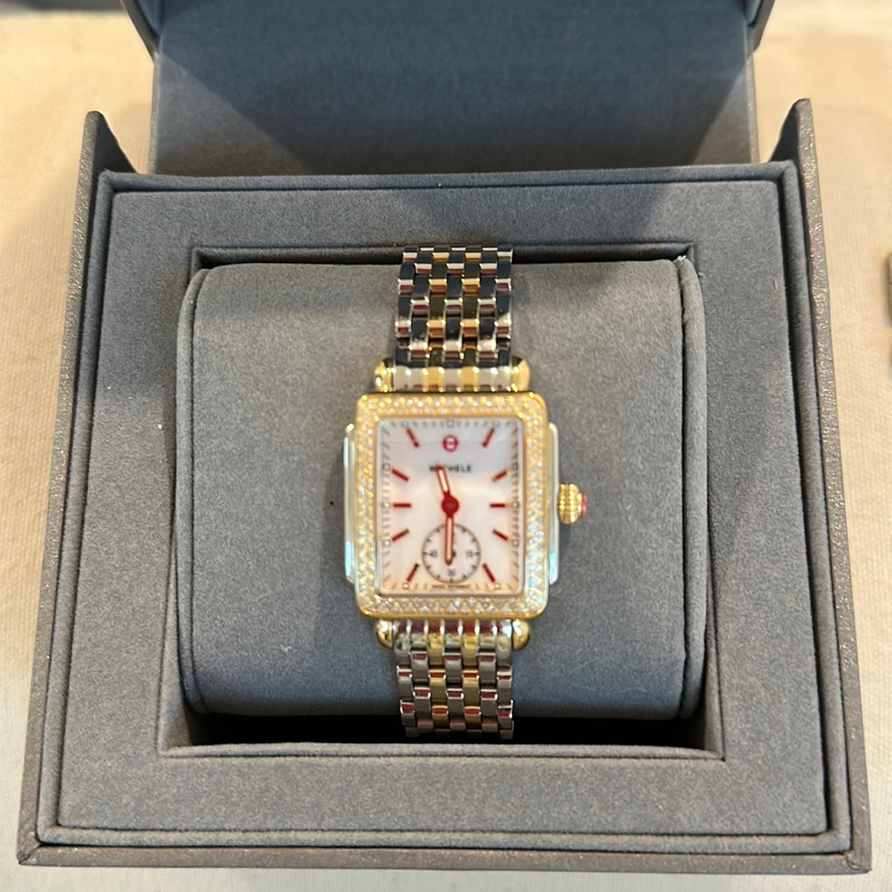 Michele Deco Mid Two-Tone Steel Diamond Mother of Pearl Dial Rectangle